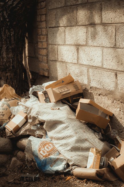 A pile of discarded cardboard boxes and plastic bags, some partially collapsed or crumpled, resting against a weathered concrete wall and a rough brick wall in an outdoor urban setting. The cardboard boxes vary in size and color, mostly brown with printed labels and tape, while the plastic bags are beige and blue, some with visible logos. The ground beneath consists of dirt, small stones, and debris, indicating an unmanaged waste area. To the left, part of a tree trunk is visible, with dark, textured bark. The scene is illuminated by natural daylight, casting soft shadows on the wall and rubbish. The image reflects a typical scene of private waste disposal that might be handled by a rubbish removal service, such as Rubbish Removal Brent, emphasizing the importance of proper rubbish clearance and waste management in urban environments.